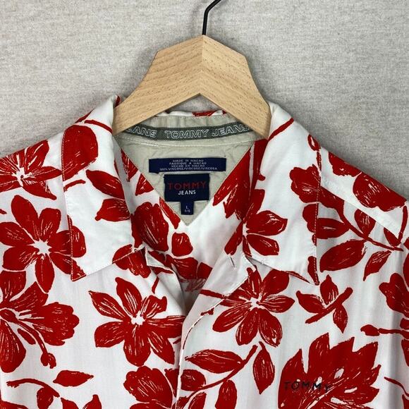 Vintage Tommy Hilfiger Mens Button Up Hawaiian Shirt Size L Tropical Red Floral - Picture 2 of 9